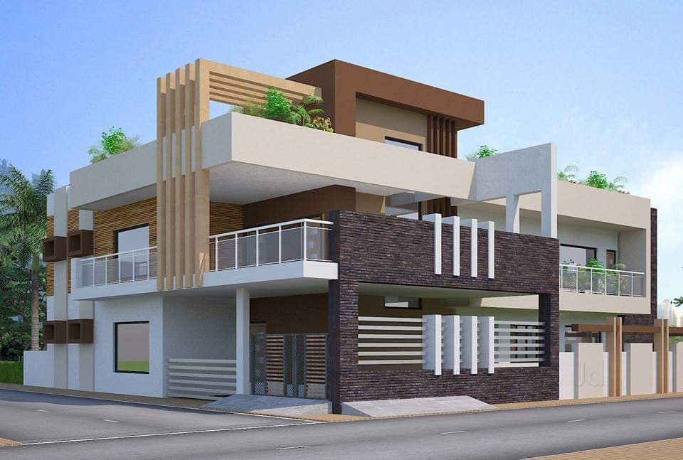 Two storied structure with a staircabin with light brown pergolas
