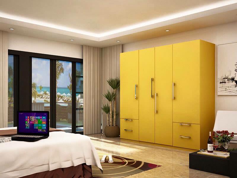 Yellow multilevel shutter in a modern bedroom
