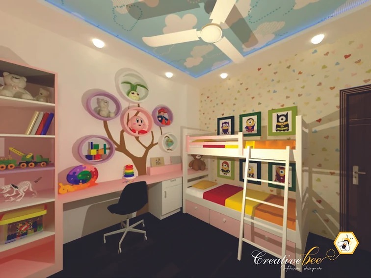 A colourful kids bedroom with a bunk bed