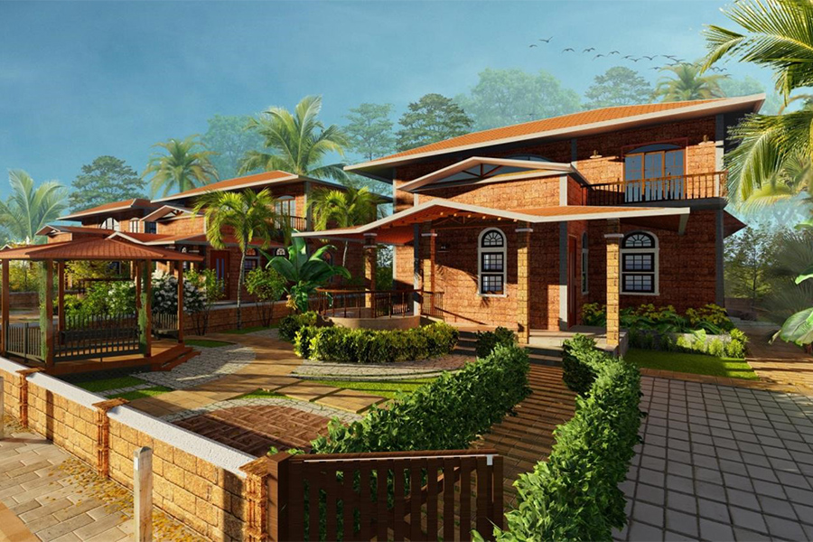 A laterite composite double storey structure with leveled sloping roof