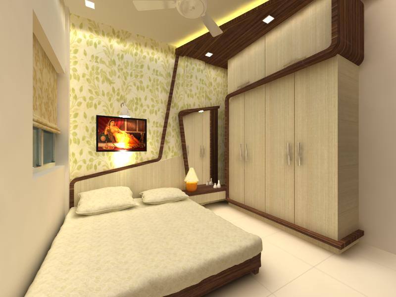 A modern bedroom with colour play of white, greens and browns