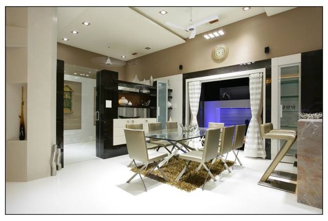 A modern dining set up with white flooring