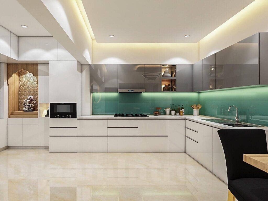A modern kitchen serene blue and bright white