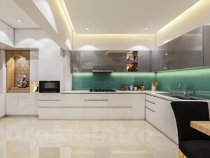 A modern kitchen serene blue and bright white