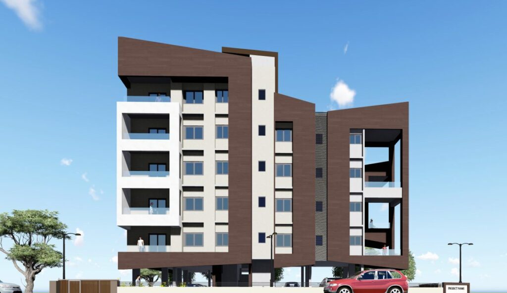 An asymmetrical building with varying heights of five and four floors