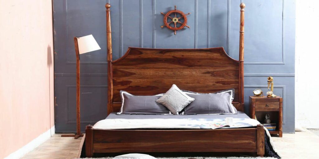 Dark wooden unpolished raw-looking bed
