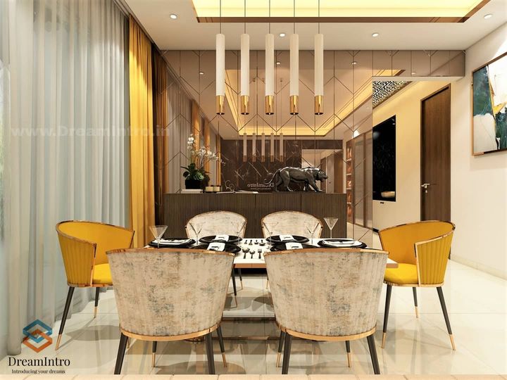 Modern dining set up with mirror panels at the back