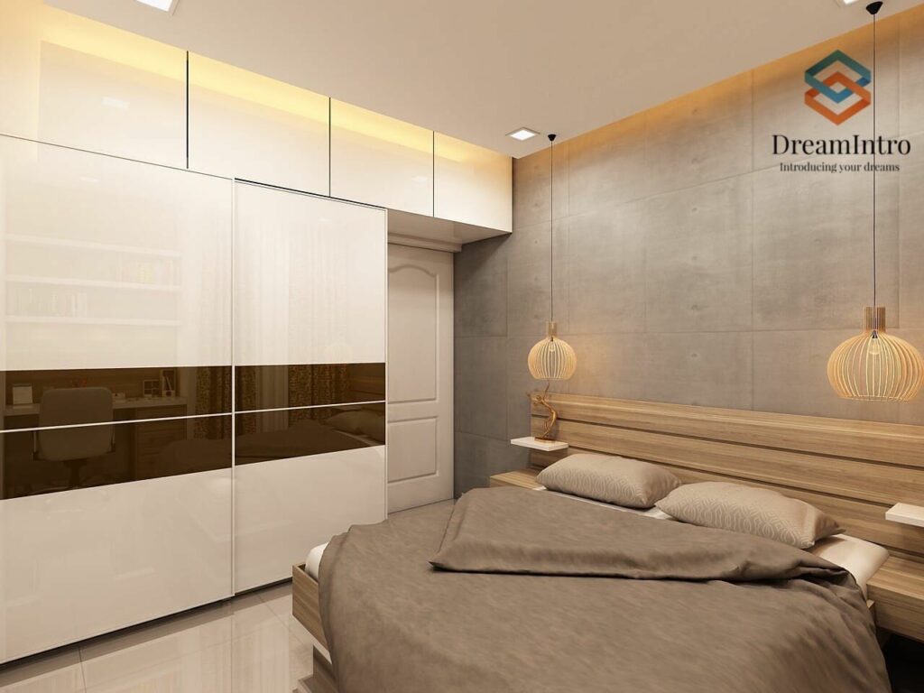 Walls and bed balanced with polished shining flooring
