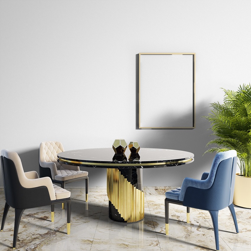A black granite circular dining table