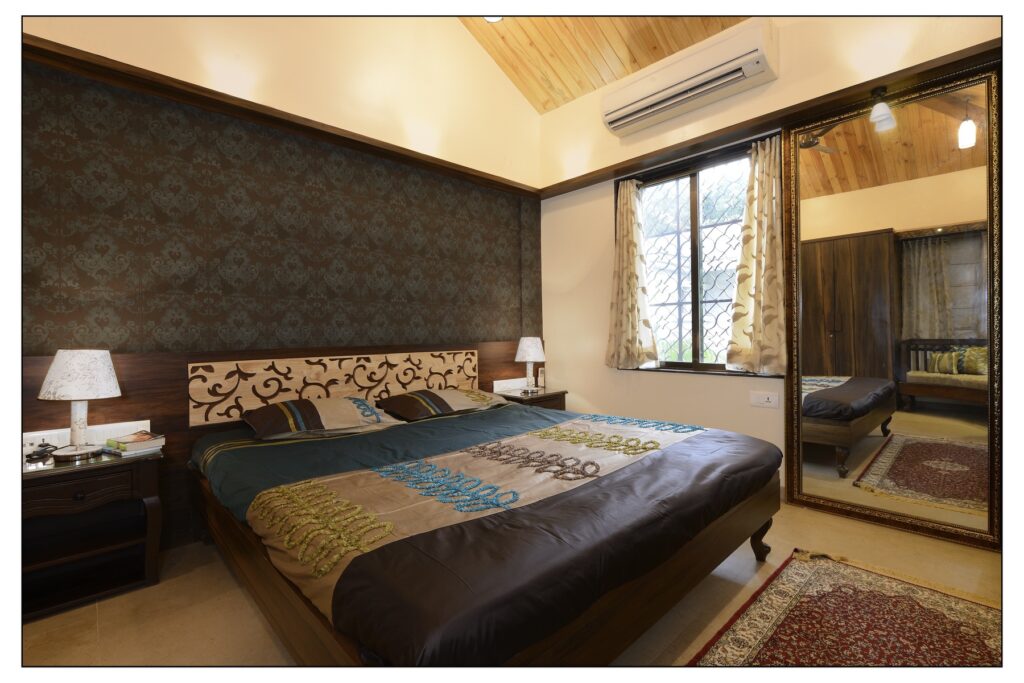 A modern bedroom with a rustic touch