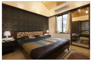 A modern bedroom with a rustic touch