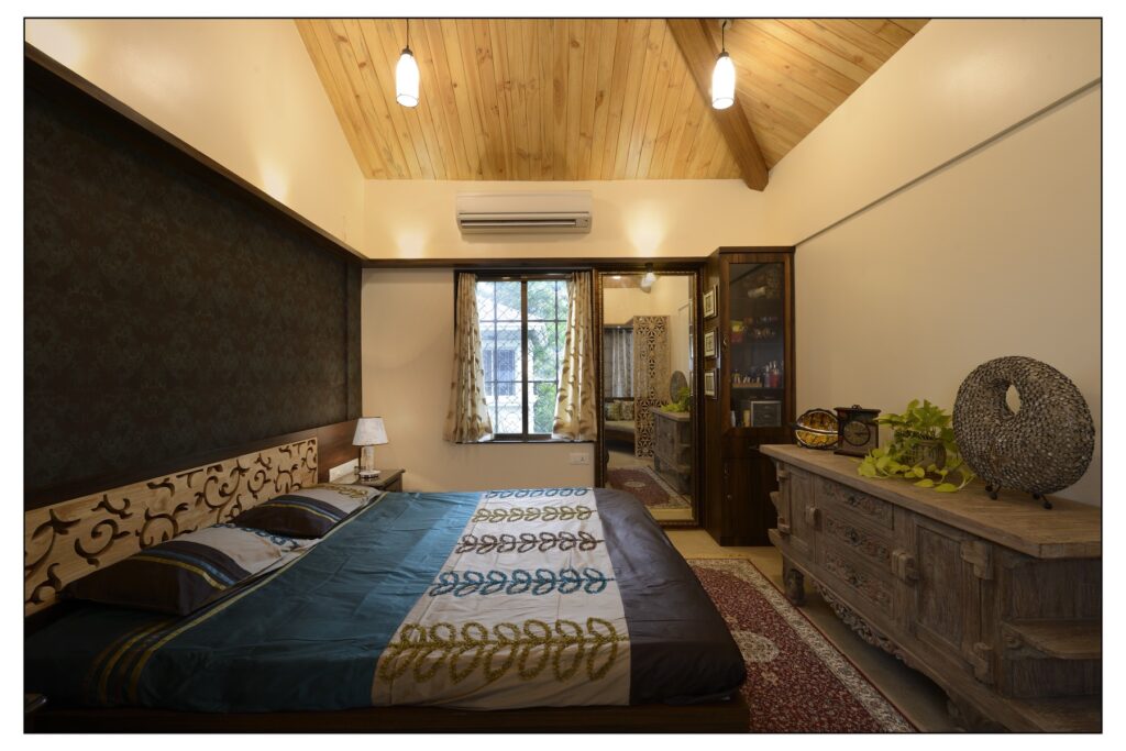 A modern bedroom with a rustic touch