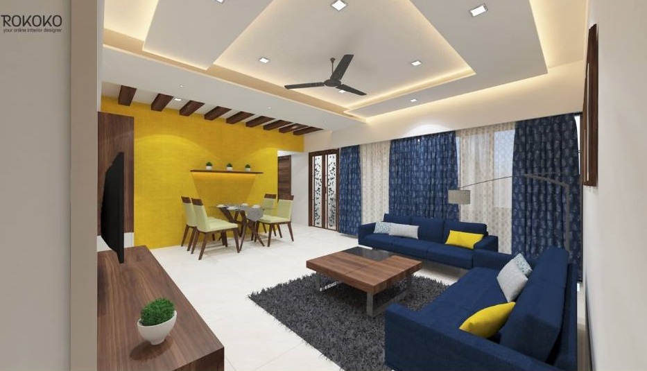 Extended living room in white, yellow and blue