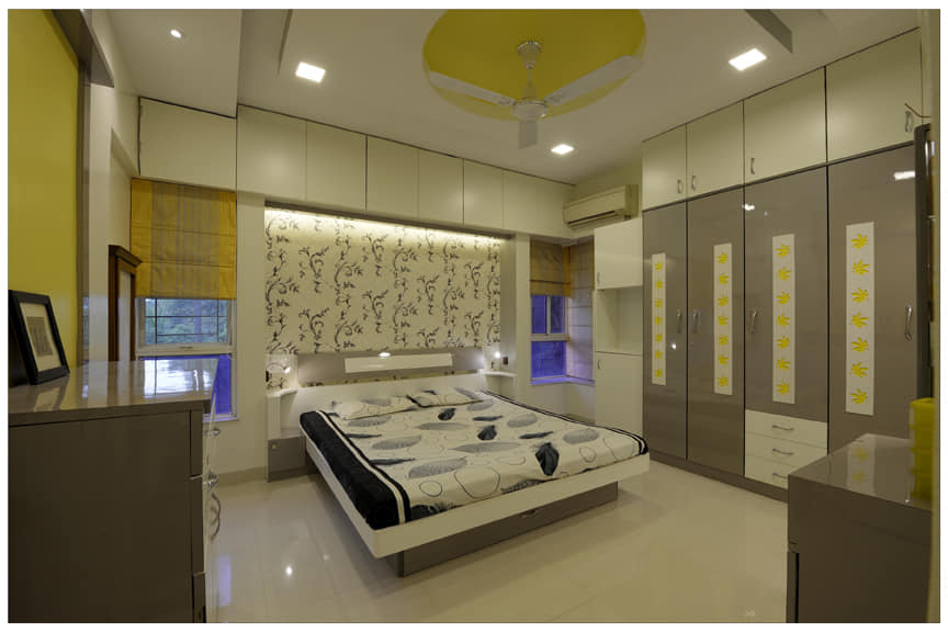 Modern bedroom in white, grey and yellow