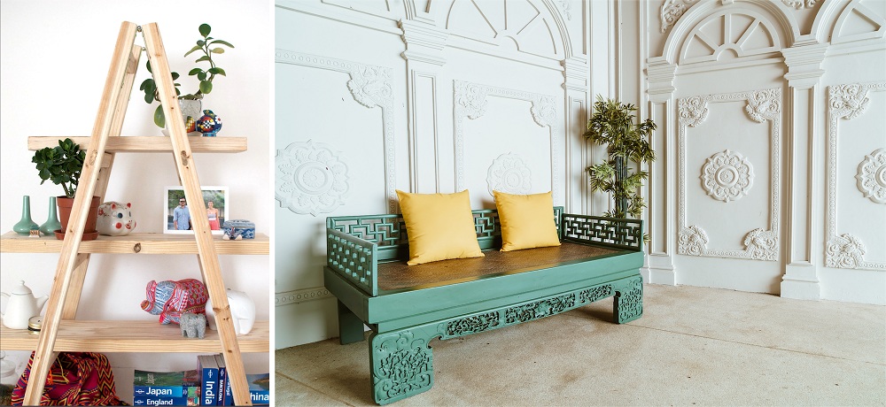 Old repurposed wooden ladder and sofa for corners