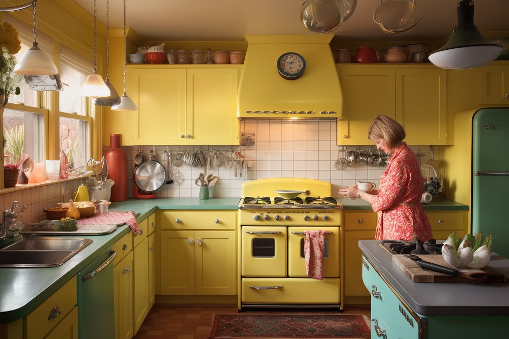 Bright yellow coloured 1950s kitchen Bright yellow coloured 1950s kitchen