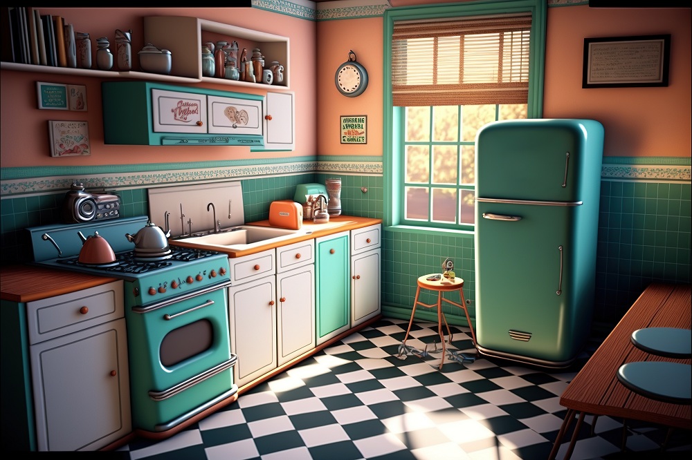 Contrasting colours in 1950s kitchen cabinet styles and walls Contrasting colours in 1950s kitchen cabinet styles and walls