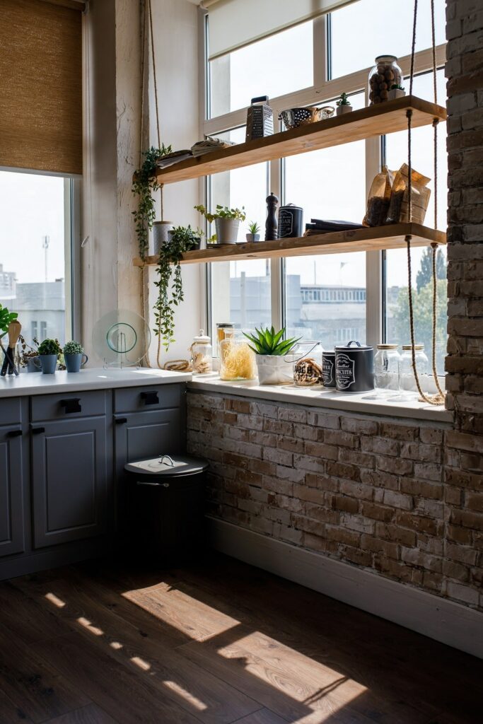 Shelves over window in a galley kitchen layout