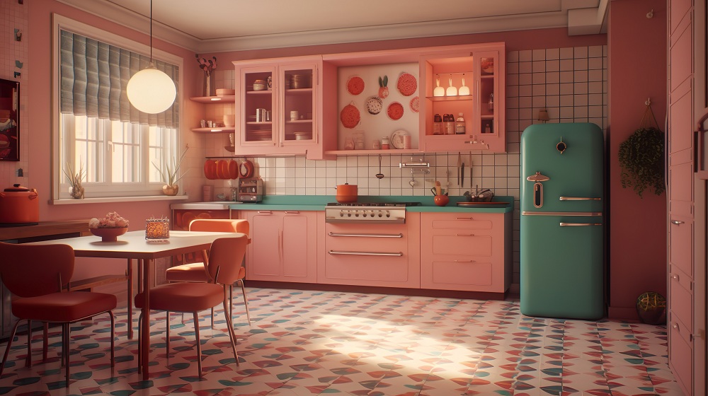 Tubular steel chairs in 1950s-style kitchen Tubular steel chairs in 1950s-style kitchen