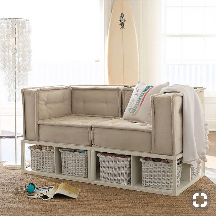 2-Seater Beige Coloured Sofa having High Seating with Rectangular Armrest & Metal Framed Legs having a Storage Space at the Bottom