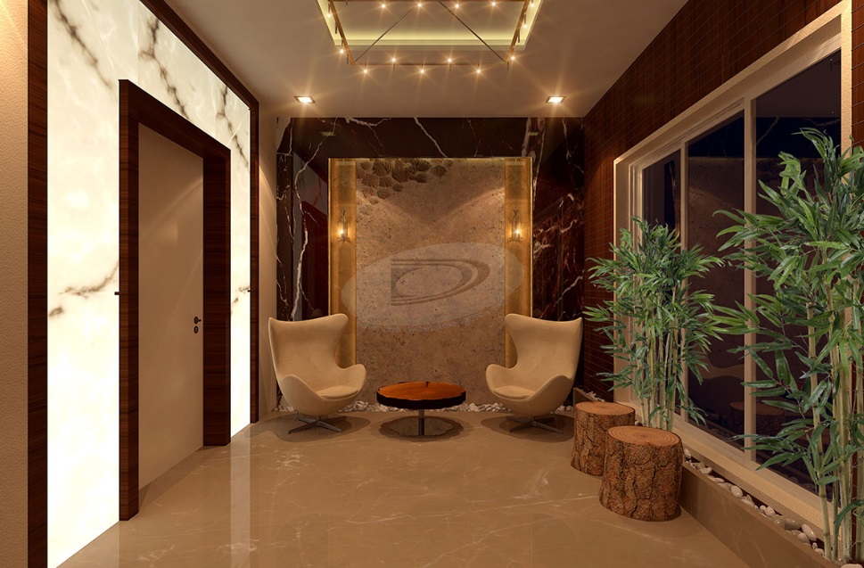 An Elegantly designed Verandah with a Marble Finish on Floor & Wall has 2 White Wingback Chairs & Coffee Table