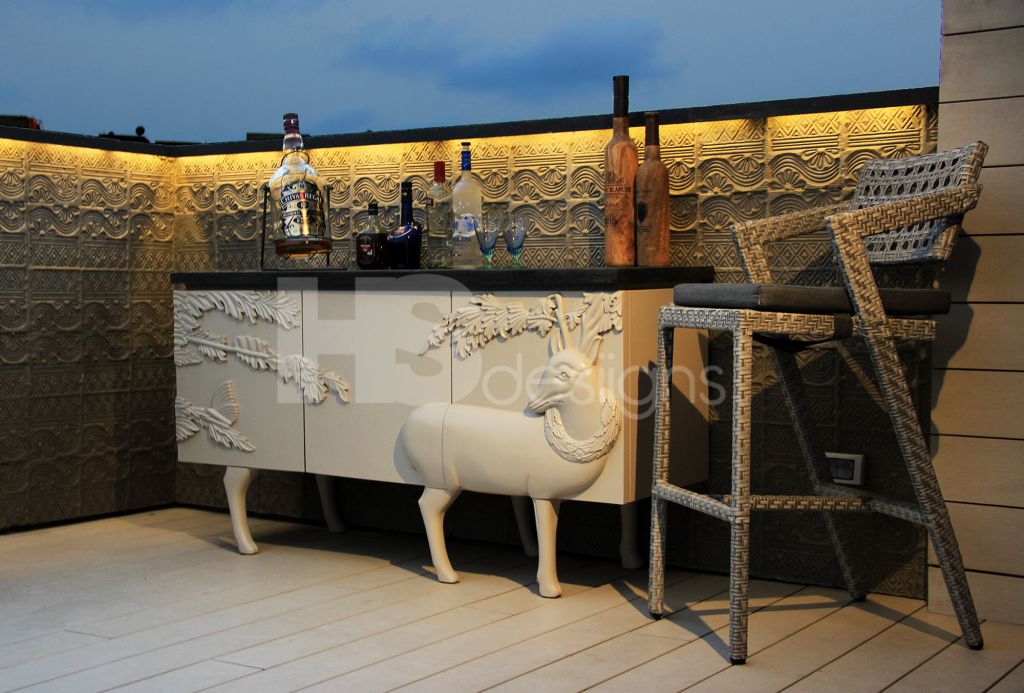 Artistic Bar Table Consists White Deer Mural Unit with Black Granite Top