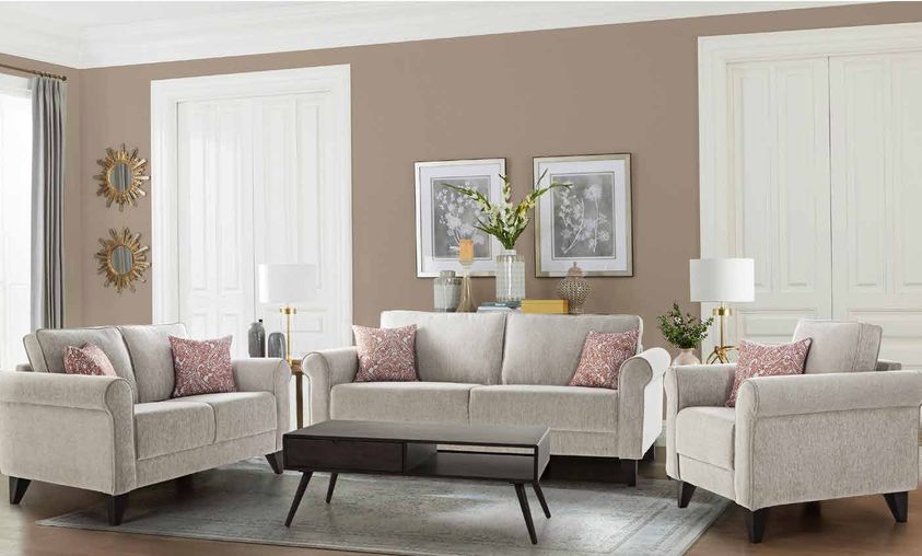 Light Grey Upholstered Sofa having Wooden Legs & Round Armrest is Nicely placed in this Living Room