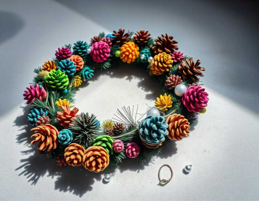 Rainbow Pine Cones Christmas Wreath