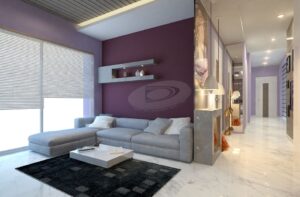 The Living Room Consists of L Shape Light Grey Upholstered Sectional Sofa with White Rectangular Slim Center Table