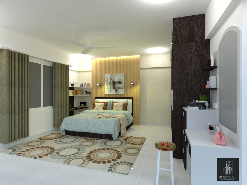The Bedroom Consists of Rectangular Wooden Bed with White Cushioned Backrest, Floral Printed Bedsheet - 1