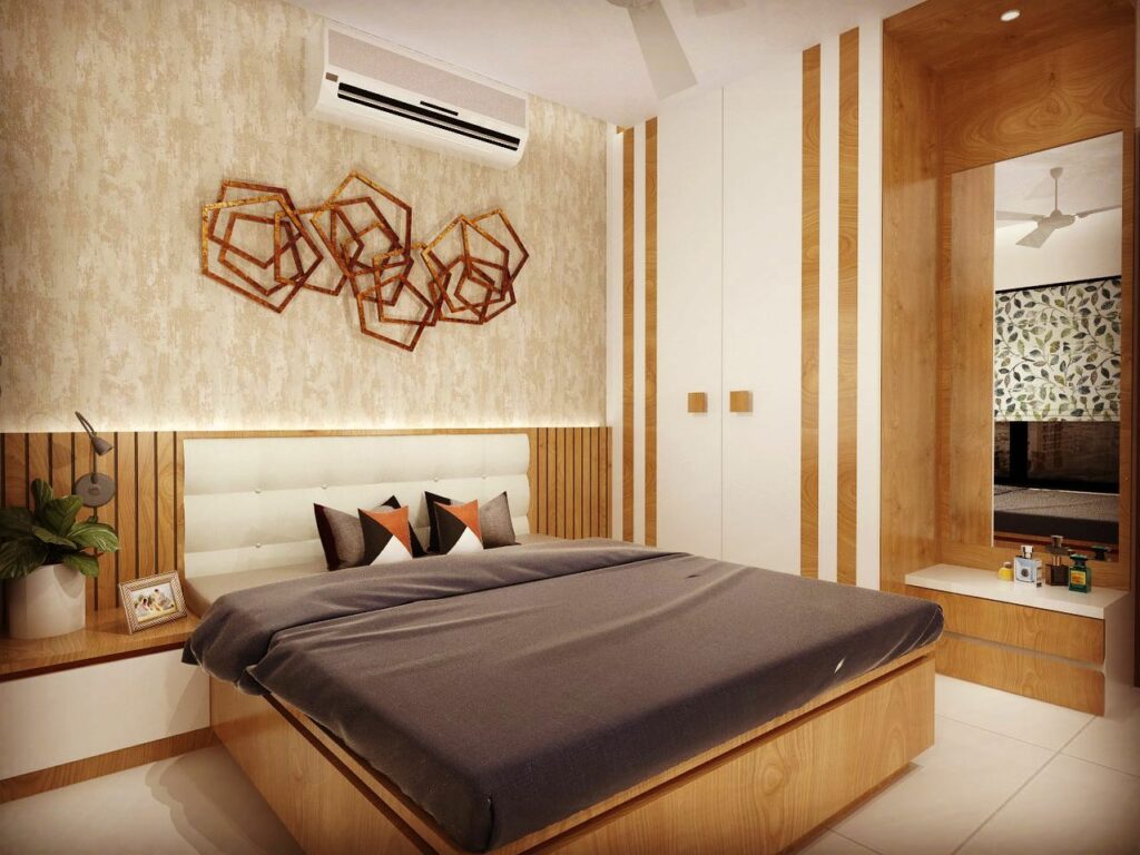 The Bedroom has a Combination of White Colour & Wooden Finish Consists Rectangular Wooden Bed - 1