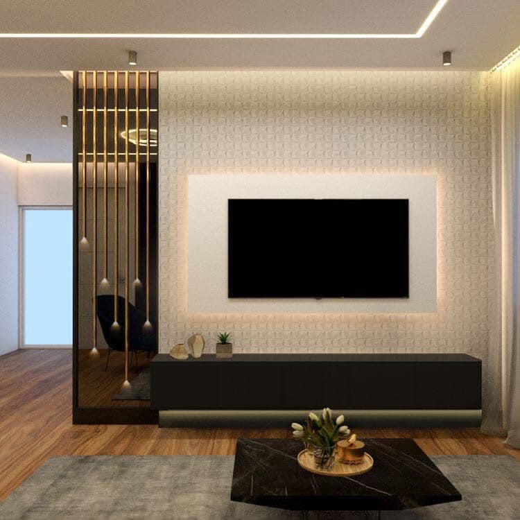 The Black & White Wall Mounted T.V. Unit Consists Linear Black Storage at the Bottom