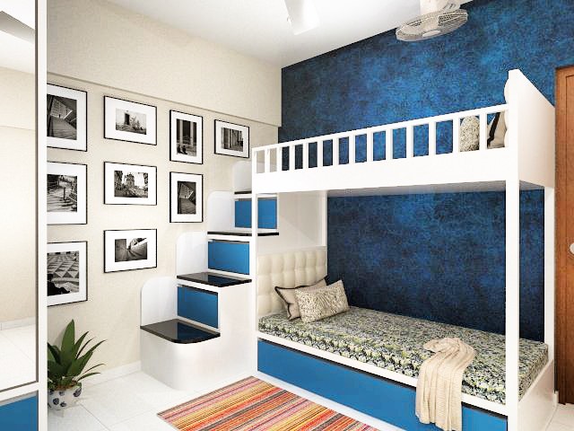 The Blue & White Children Bedroom has a White Painted Wooden Bunk Bed Making Great Contrat with Royal Blue Textured Wall