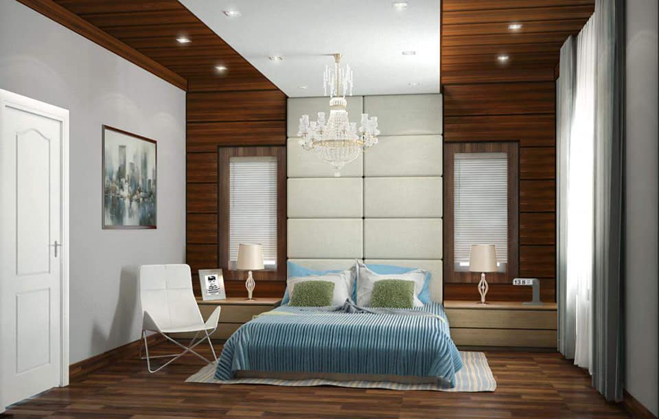 The Modern Style Bedroom has Rectangular White Upholstered Bed with Cushioned Backrest