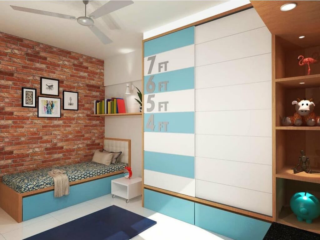 The Single Rectangular Wooden Bed with Storage Space & White Tufted Backrest is Place in the Corner of the Room