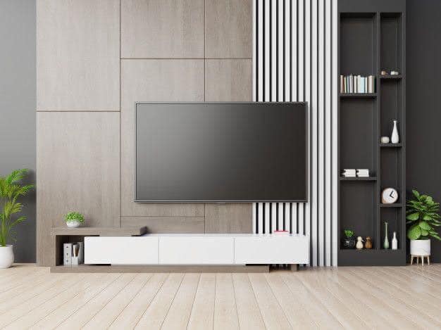 The Wall Mounted T.V. Unit has Grey & White Colours as Main Colours