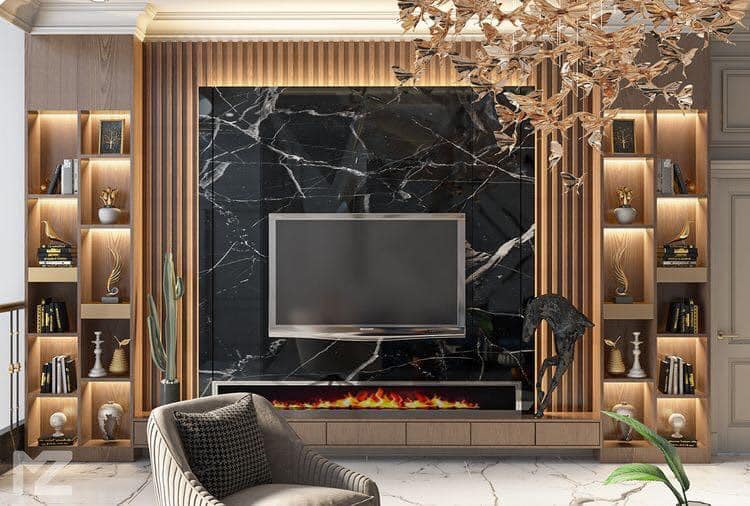 The Wall Mounted T.V. Unit having Vertical Wooden Groove Patterns is Making Good Combination with Black Italian Marble