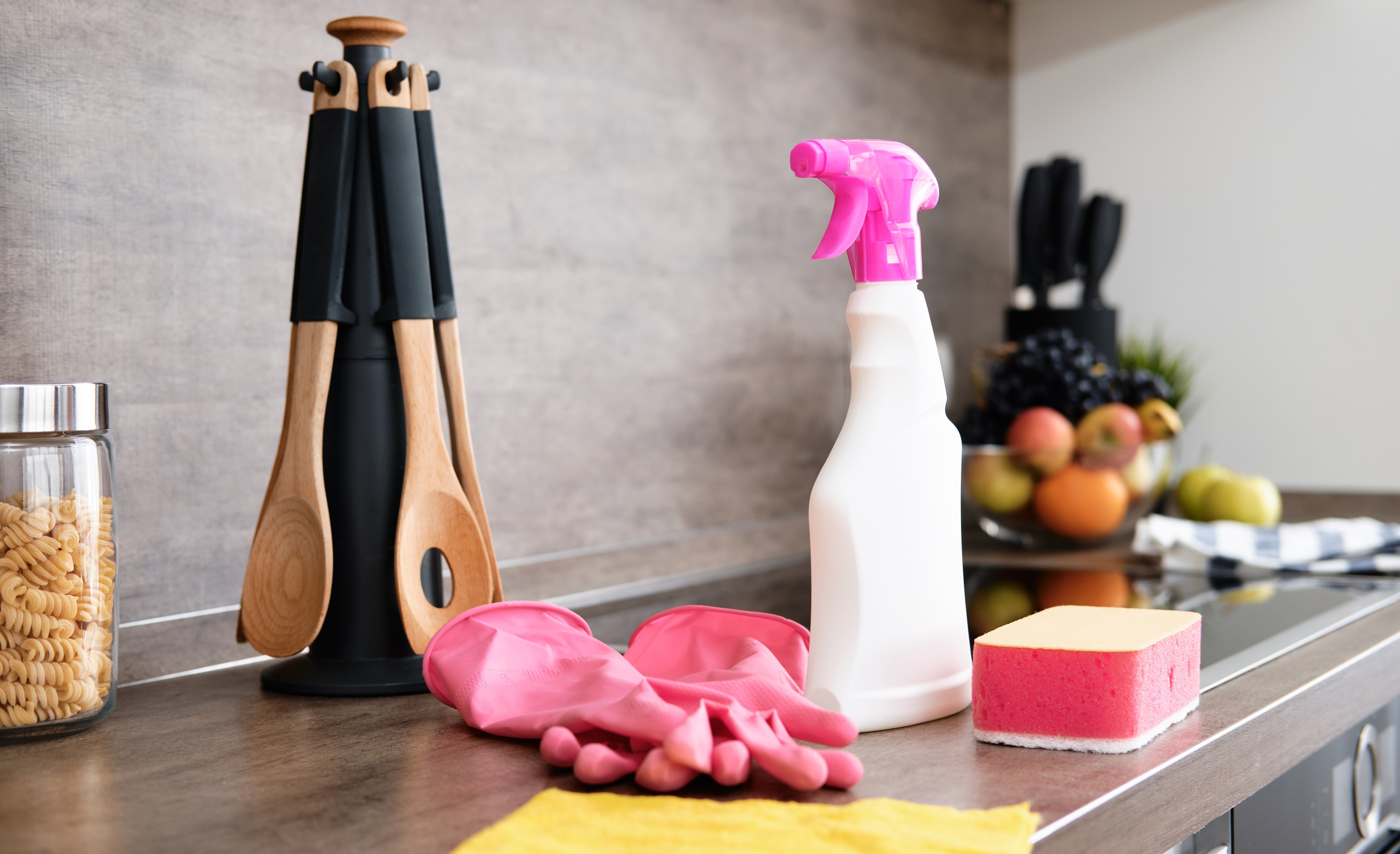 Cleaning Products on Kitchen Counter