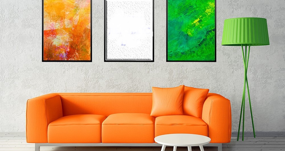Tri-color Themed Space has 3 Seater Orange Sofa