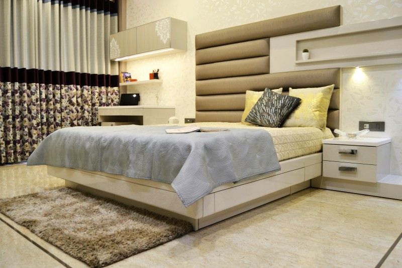 White Rectangular Bed having Beige Cushioned