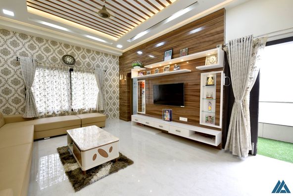 Modern White Living Room with wooden panel