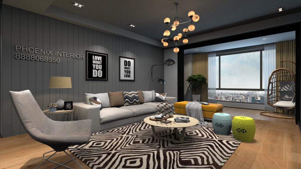 Living Room Features Wooden Flooring and Grey Panelled Walls