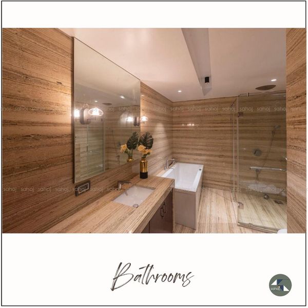 Yellow-Brown Layered Wall and Floor Tiles with a White Jacuzzi on a Corner