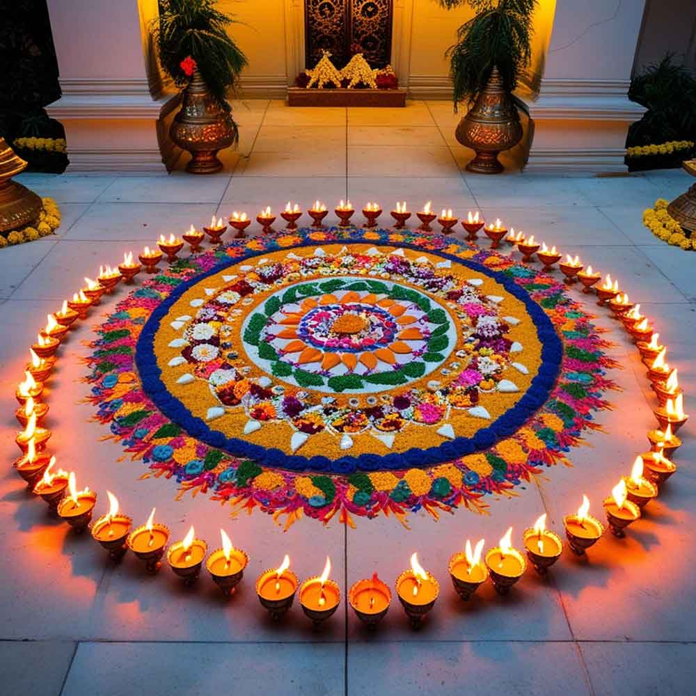 Rangoli with Diya at Entrances for Festive Décor