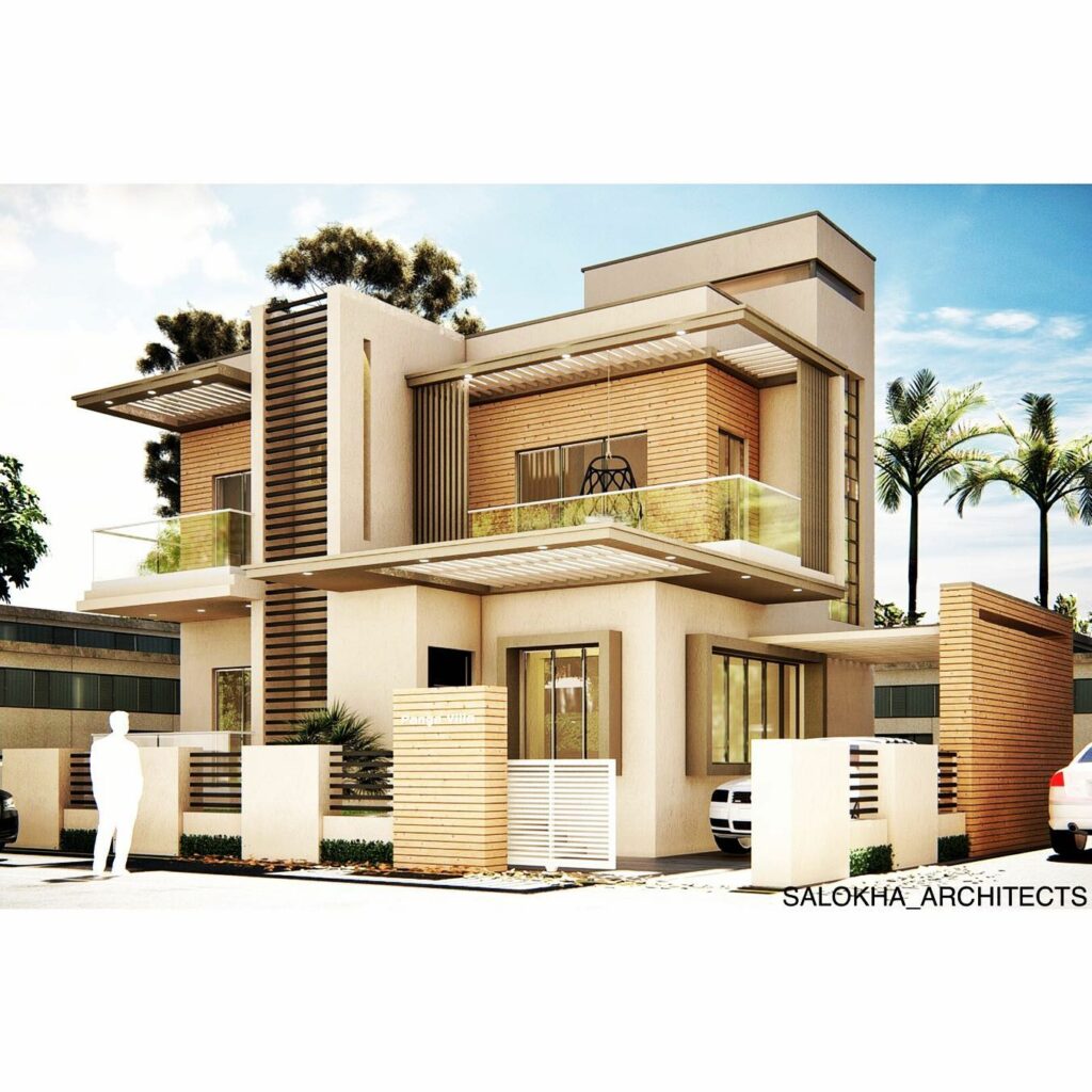Modern Two-Story House with a Flat Roof and Multiple Balconies
