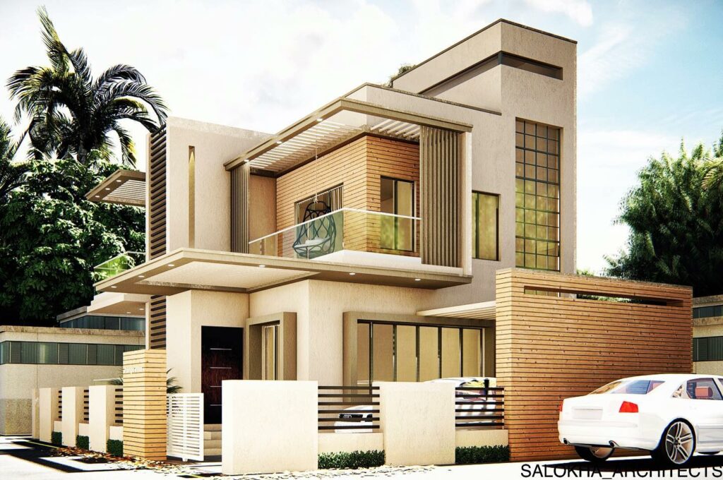 Modern Two-Story House with a Flat Roof and Multiple Balconies
