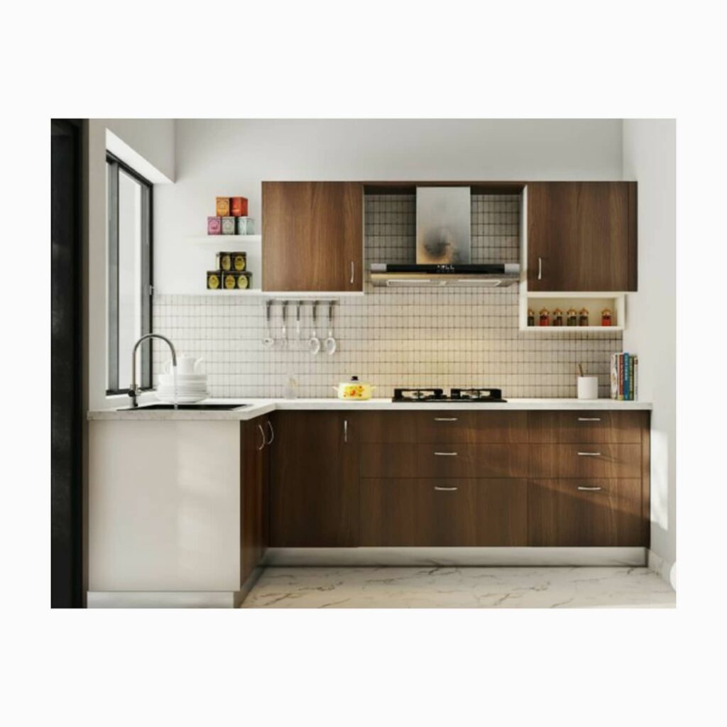 Modern Well-Organized L-Shaped Kitchen with White Marble Flooring