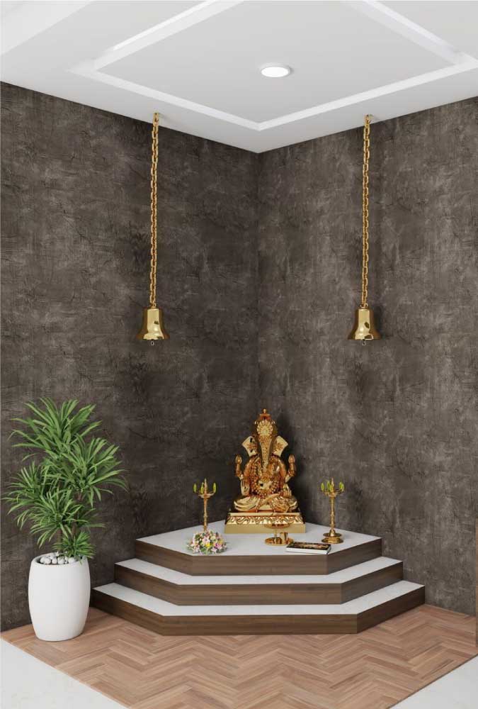 Corner Mandir Design with Hanging Bells