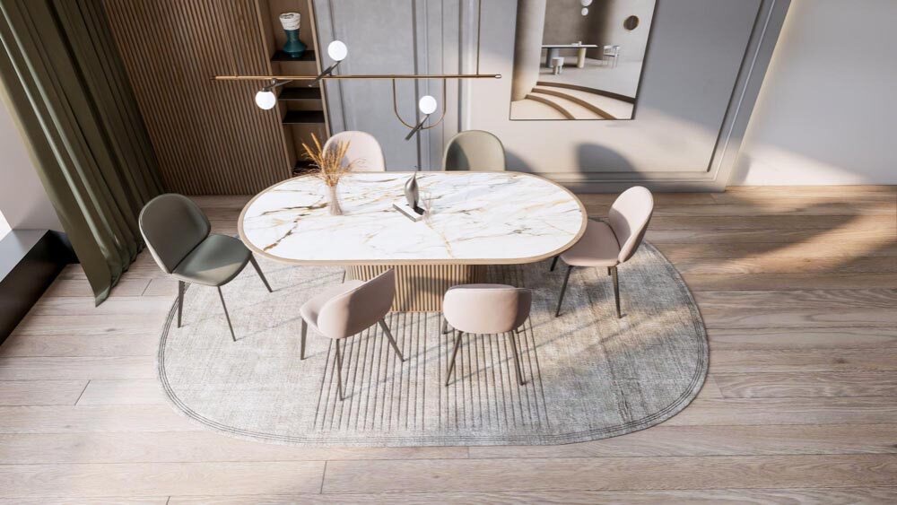 Using Rugs around Marble Dining Room Table