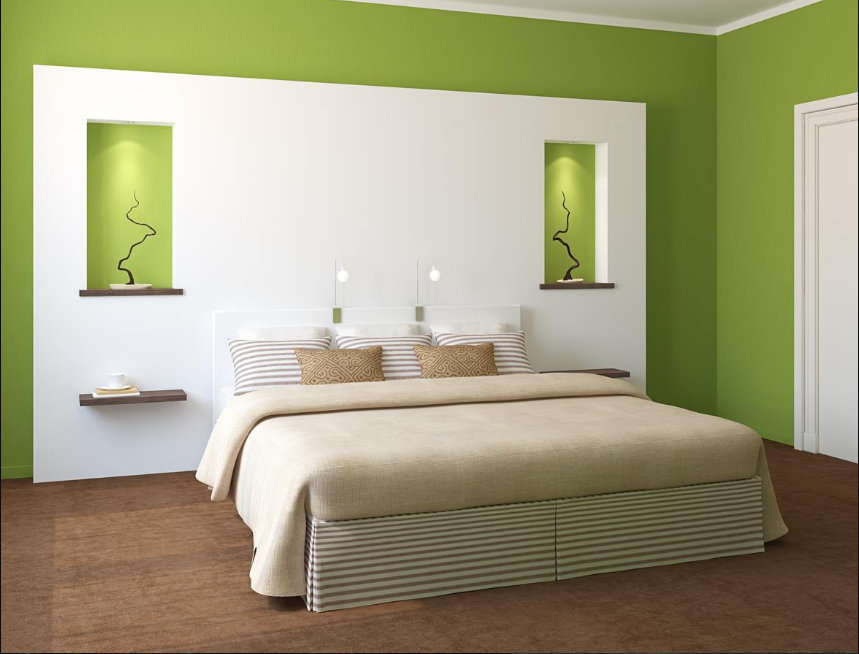 Master Bedroom Features a Soothing Palette of green and white